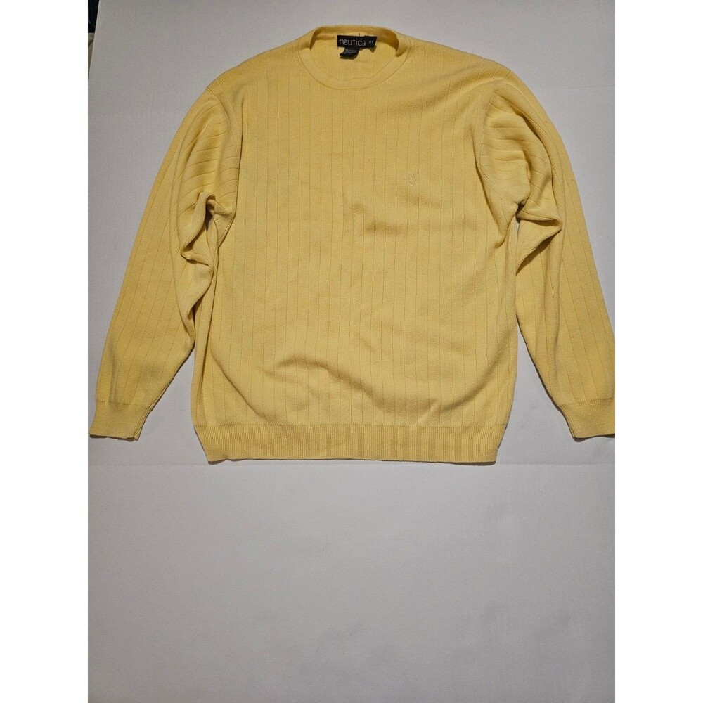 Vintage 90s Nautica Sweater Mens M Yellow Ribbed Knit Crewneck Logo Cotton